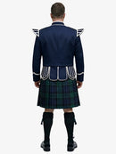 Person wearing a traditional Scottish kilt with a navy doublet jacket on a white background