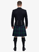 Man wearing a black prince charlie jacket and black watch tartan plaid kilt on a white background
