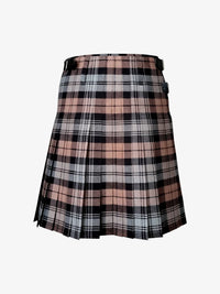 Plaid kilt with a pattern of pink, black, and white on a white background