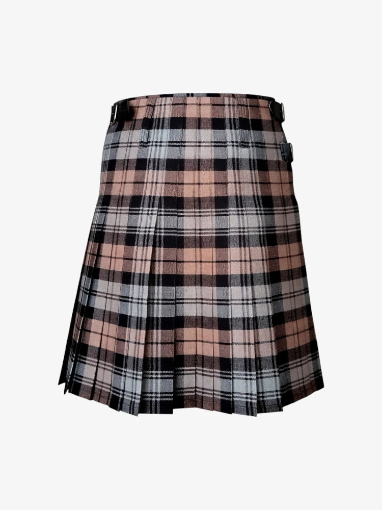 Plaid kilt with a pattern of pink, black, and white on a white background