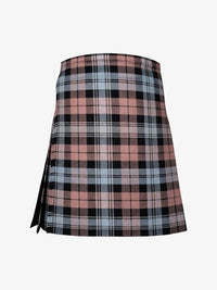 Plaid kilt with pink, black, and white pattern on a white background