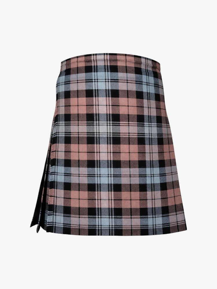Plaid kilt with pink, black, and white pattern on a white background