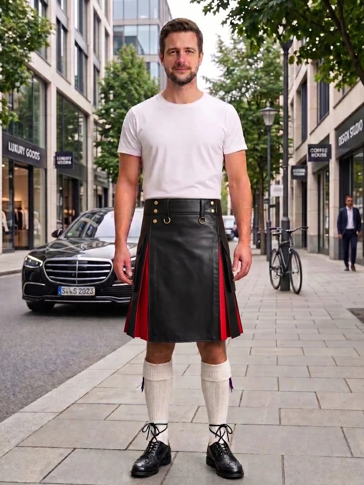 A man stands on a city sidewalk wearing a dark green leather kilt with silver-tone metal grommets, a white t-shirt, white knee-high socks, and black leather shoes. A black Mercedes-Benz car and urban buildings are visible in the background.