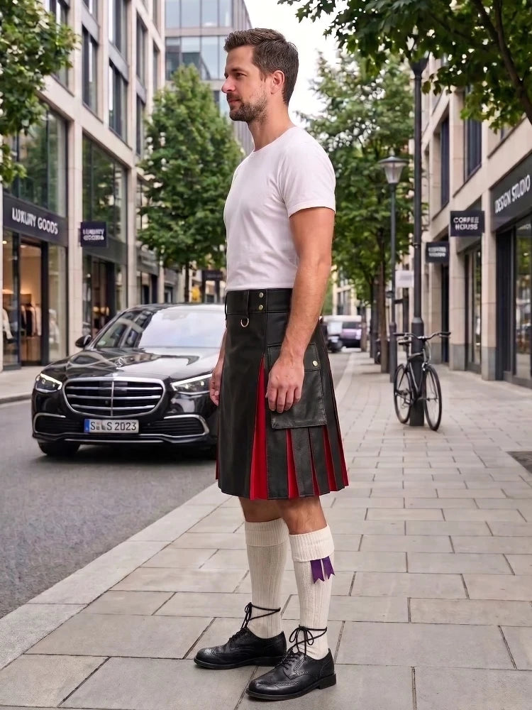 A man wearing a black leather kilt with red pleats, a white t-shirt, white knee-high socks, and black leather shoes stands on a city sidewalk next to a street with cars and trees.