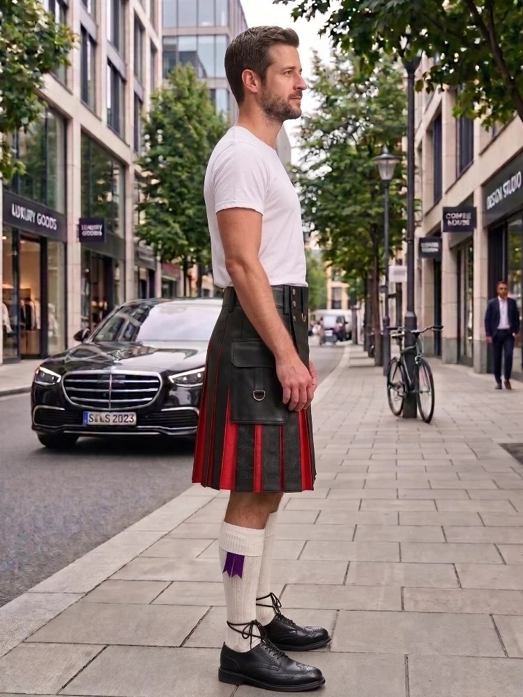 A man standing on a city sidewalk wearing a black leather kilt with red and purple pleats, a white t-shirt, white socks, and black leather shoes. A black Mercedes-Benz car is parked on the street behind him.