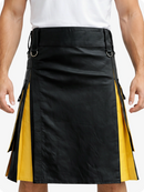 Black and yellow kilt worn by a person on a white background