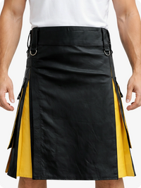 Black and yellow kilt worn by a person on a white background