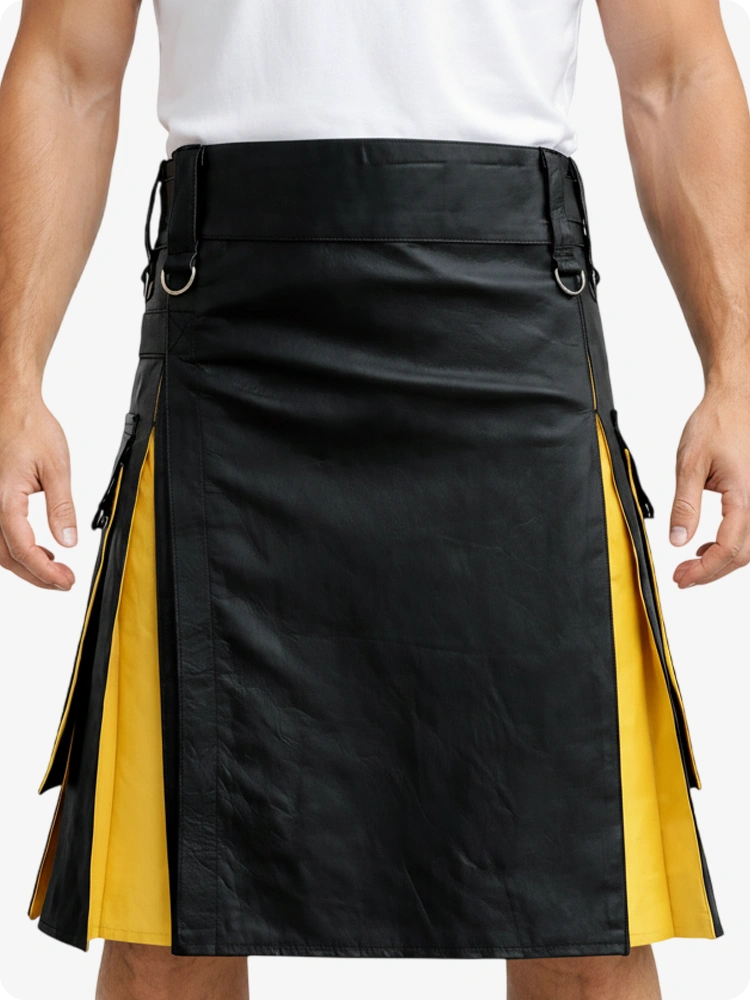 Black and yellow kilt worn by a person on a white background