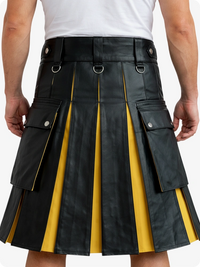 Black leather kilt with yellow accents worn by a person on a white background