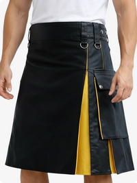 Black and yellow kilt worn by a person on a plain background