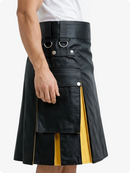 Black leather kilt with yellow accents on a white background