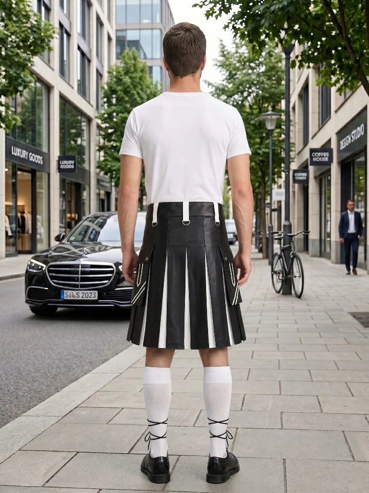 Black and White Leather Hybrid Utility Kilt