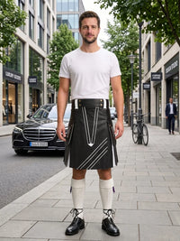 Black and White Leather Hybrid Utility Kilt Front