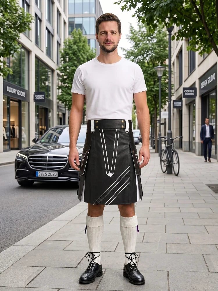 Black and White Leather Hybrid Utility Kilt