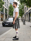 Black and White Leather Hybrid Utility Kilt Left Side