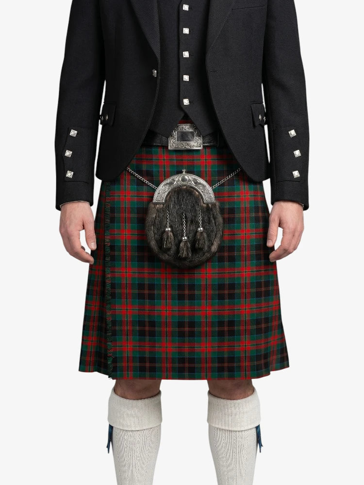 Person wearing a traditional Scottish kilt with a tartan pattern on a white background