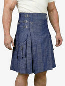 Blue denim kilt worn by a person on a white background