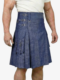 Blue denim kilt worn by a person on a white background