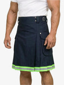 Navy kilt with reflective green trim worn by a person on a white background