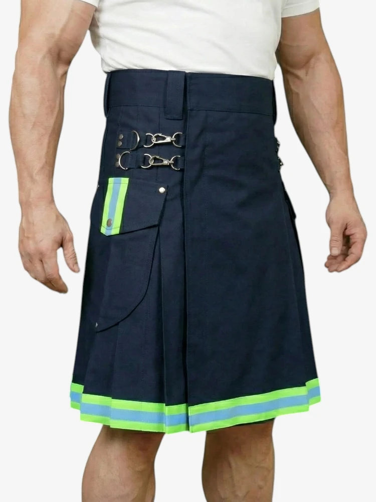 Navy blue kilt with reflective green and blue accents worn by a person on a white background