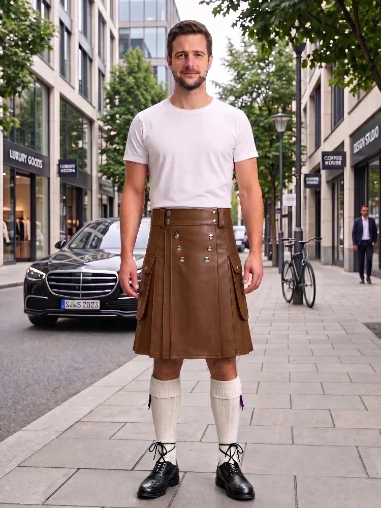 A man stands on a city sidewalk wearing a brown leather kilt, a white t-shirt, white knee-high socks, and black leather shoes. The background shows a blurred street scene with buildings, trees, a parked black car, and a bicycle.