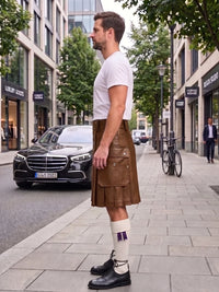 A man standing on a city sidewalk wearing a brown leather kilt, white t-shirt, white socks, and black shoes, with a street scene in the background.