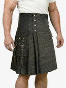 Black denim kilt with button details on a white background