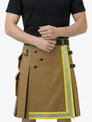 Person wearing a brown kilt with reflective yellow and gray stripes on a white background