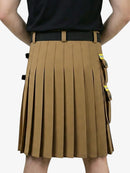Brown pleated kilt with black belt and yellow accents on a white background
