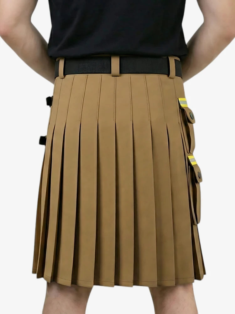 Brown pleated kilt with black belt and yellow accents on a white background