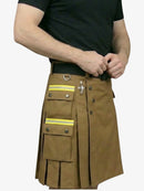 Person wearing a brown kilt with reflective stripes on a white background