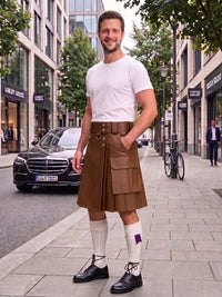 A man stands on a city sidewalk wearing a brown leather kilt with multiple flap pockets, a white t-shirt, white knee-high socks, and black leather shoes. The background shows a blurred urban street scene with buildings, a parked black car, and a bicycle.