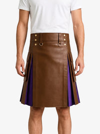 Brown Leather Kilt With Purple Pleats