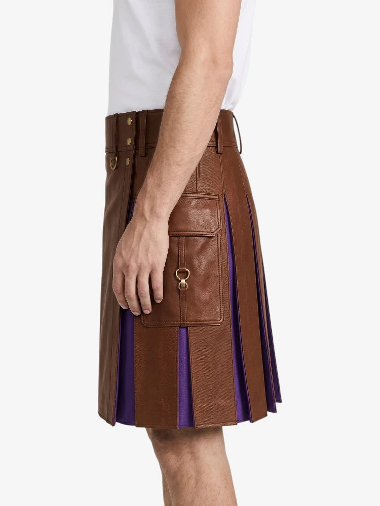 Brown Leather Kilt With Purple Pleats Left