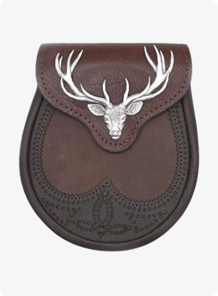 Handmade Brown Stag Head Design Leather Sporran