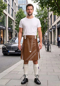 Brown and White Leather Hybrid Utility Kilt front