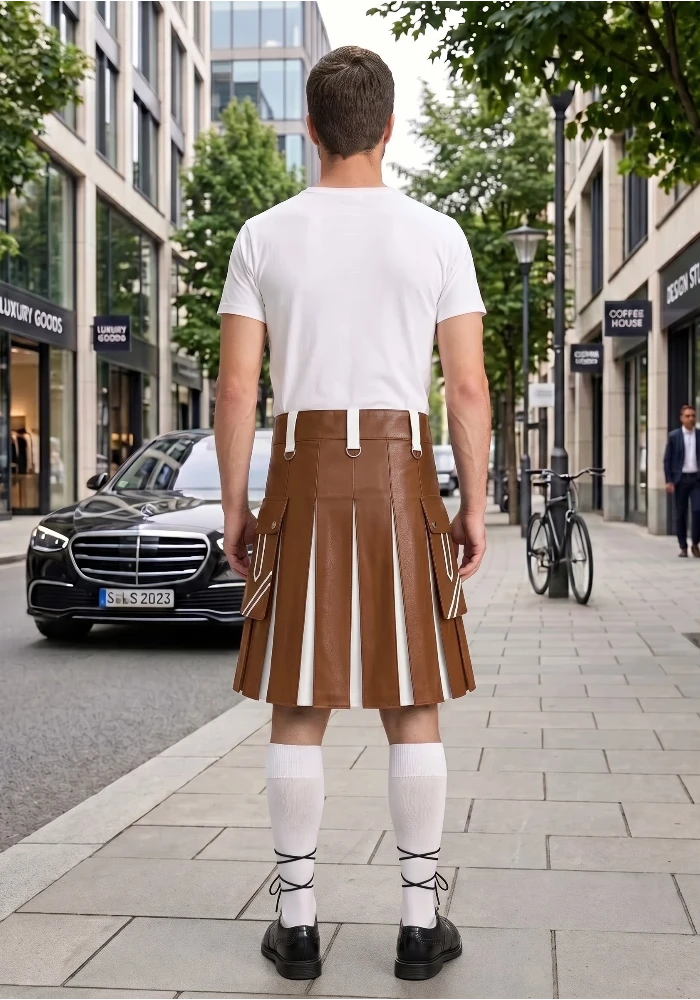 Brown White Leather Hybrid Utility Kilt Back