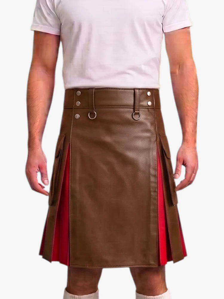 A brown faux-leather kilt with red side panels and silver metal hardware, modeled with a white t-shirt against a light gray background.