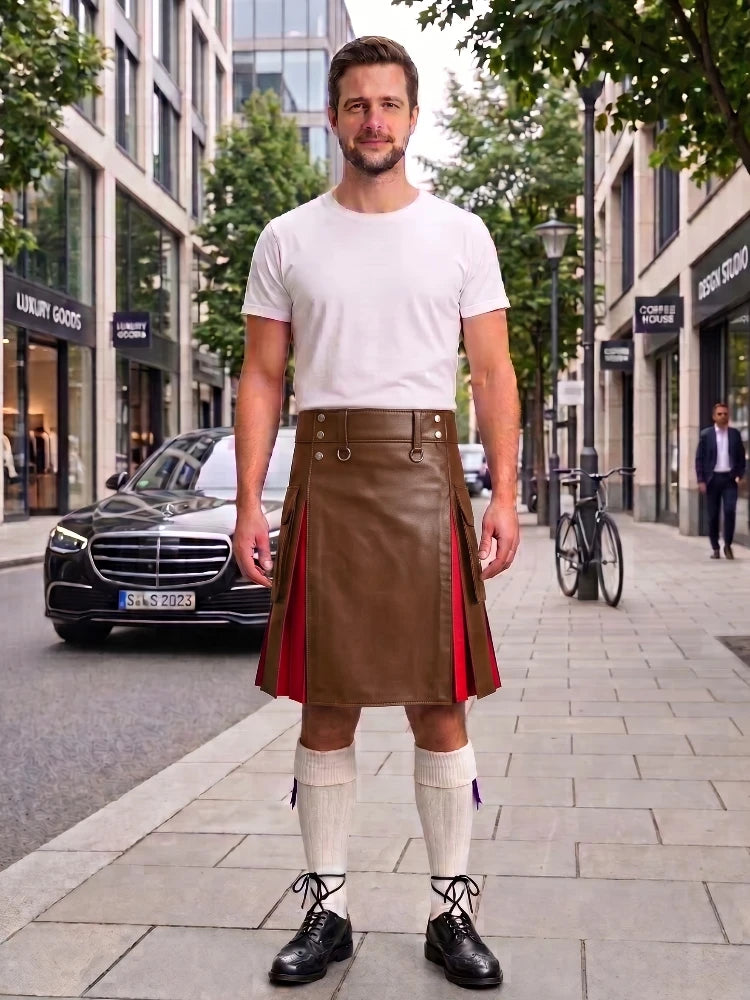 A man stands on a city sidewalk wearing a brown leather kilt with red lining, a white t-shirt, white knee-high socks, and black shoes. Buildings, trees, a parked black car, and a bicycle are visible in the background.