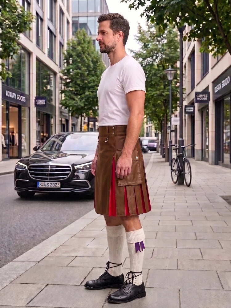 A man standing on a city sidewalk wearing a brown leather kilt with red lining, a white t-shirt, white socks, and black leather shoes. A black Mercedes-Benz car and a bicycle are visible in the background of the street scene.