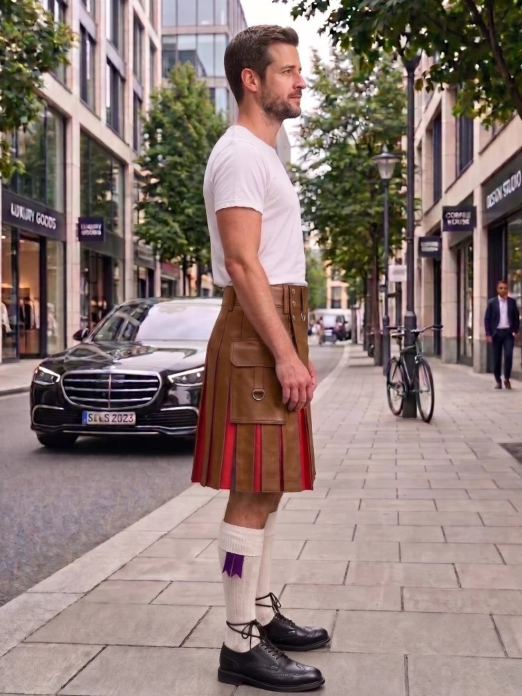 A man standing on a city sidewalk wearing a brown kilt with red pleats, a white t-shirt, white socks, and black leather shoes, with a street scene in the background.