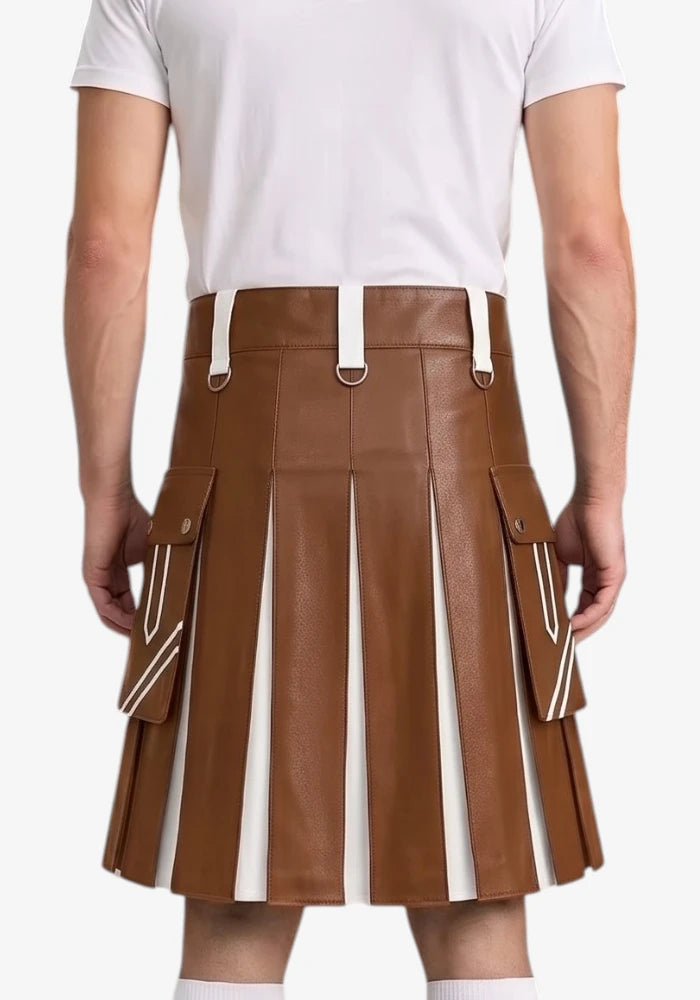 Brown and White Leather Hybrid Utility Kilt back view