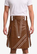 Brown and White Leather Hybrid Utility Kilt front view