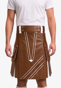 Brown and White Leather Hybrid Utility Kilt front view