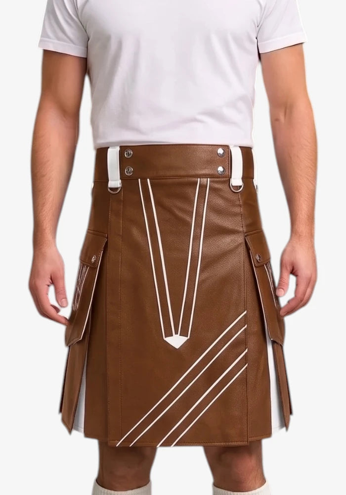 Brown and White Leather Hybrid Utility Kilt front view