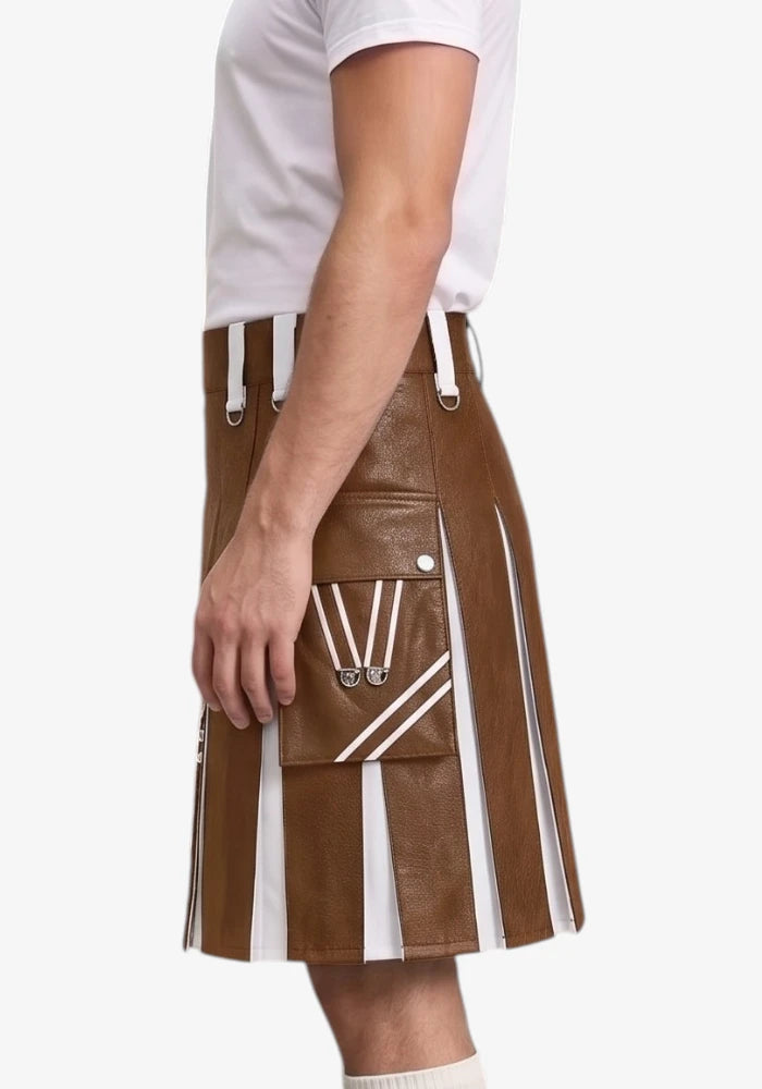 Brown and White Leather Hybrid Utility Kilt left view