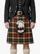 Person wearing a traditional Scottish kilt with a tartan pattern on a white background