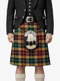 Person wearing a traditional Scottish kilt with a tartan pattern on a white background