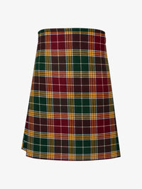 Plaid kilt with green, red, and yellow pattern on a white background