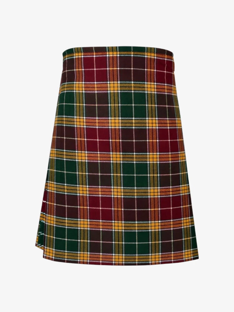 Plaid kilt with green, red, and yellow pattern on a white background